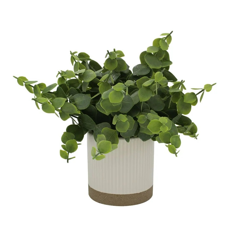 Mainstays by Becky G. & Alejandra 8" Artificial Eucalyptus in White Two-Tone Ribbed Ceramic Pot | Walmart (US)
