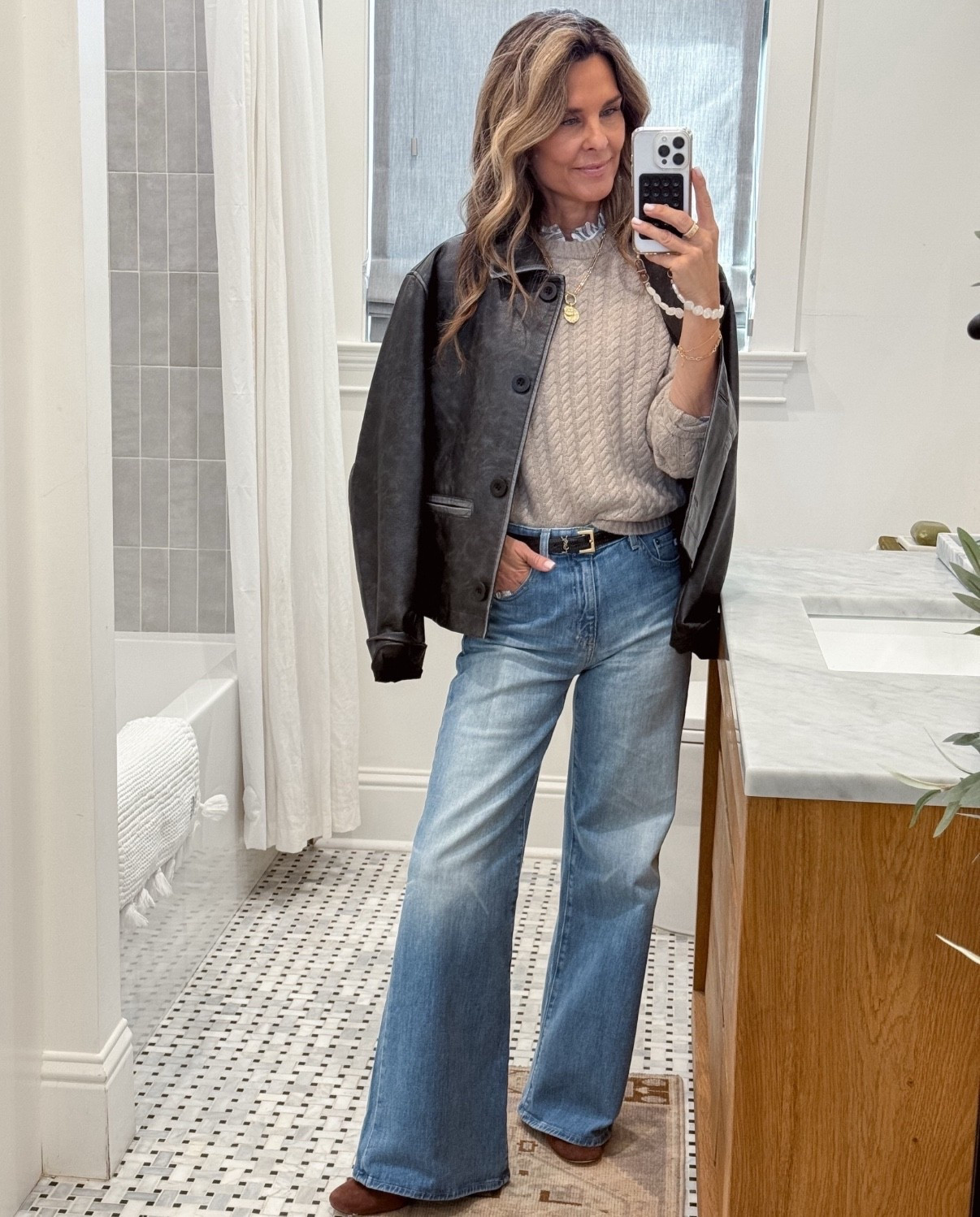 -Oversized faux leather jacket sz Small
-Jeans TTS 
-cashmere ribbed sweater, so soft, Sz XS 
-ruffle collar shirt in a black pin stripe! Sz 0

#LTKWorkwear #LTKOver40