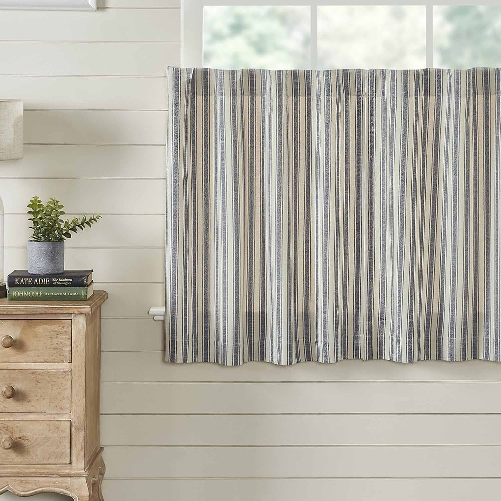 Piper Classics Market Place Blue Ticking Stripe 24" Curtain Tiers, Set 2 | Amazon (US)
