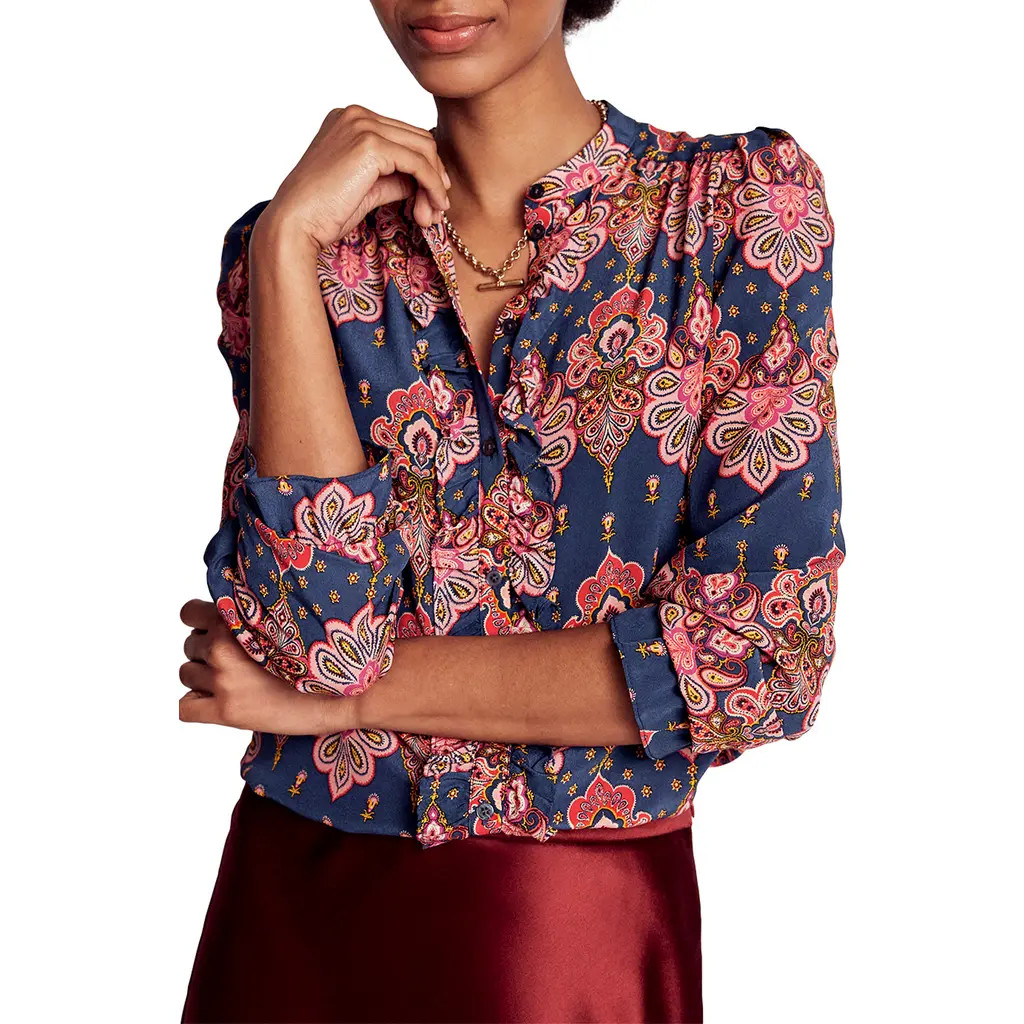 Boden Alice Paisley Ruffle Silk Button-Up Shirt in Navy Embellished Paisley at Nordstrom, Size 2 | Nordstrom