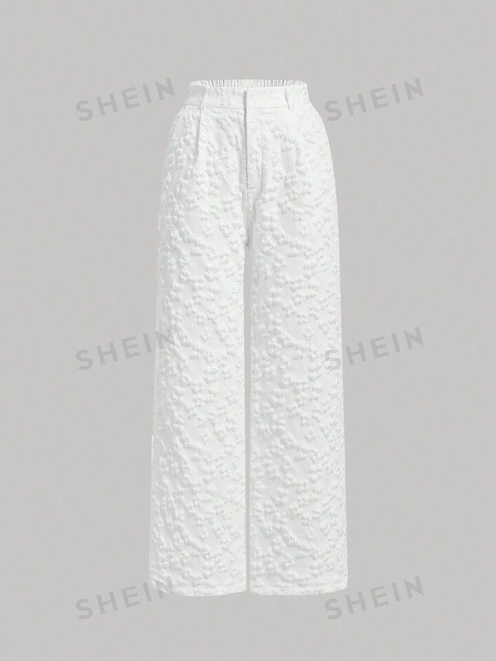 SHEIN MOD Ladies' White Solid Color Textured Straight-Leg Pants | SHEIN