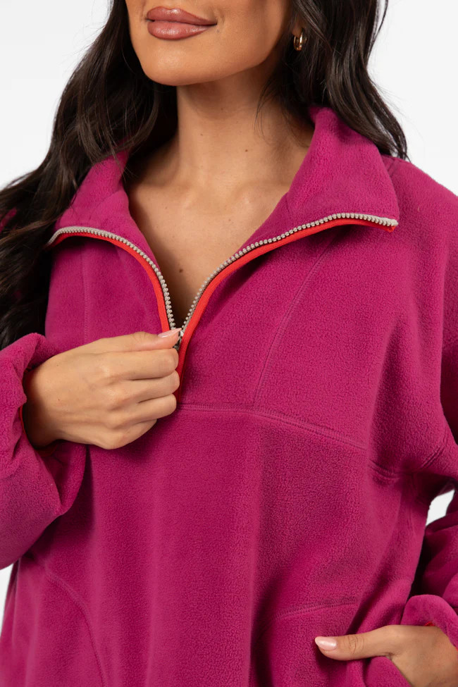 Outside The Box Magenta Contrast Trim Fleece Pullover | Pink Lily