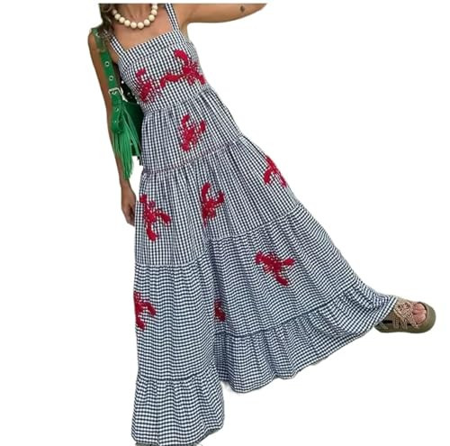 XPONNI Gingham Dress Lobster Summer Maxi Dresses for Women 2024 Shrimp Long Dress Flowy Ruffle Linen Sun Dress (Black,S,Small) | Amazon (US)