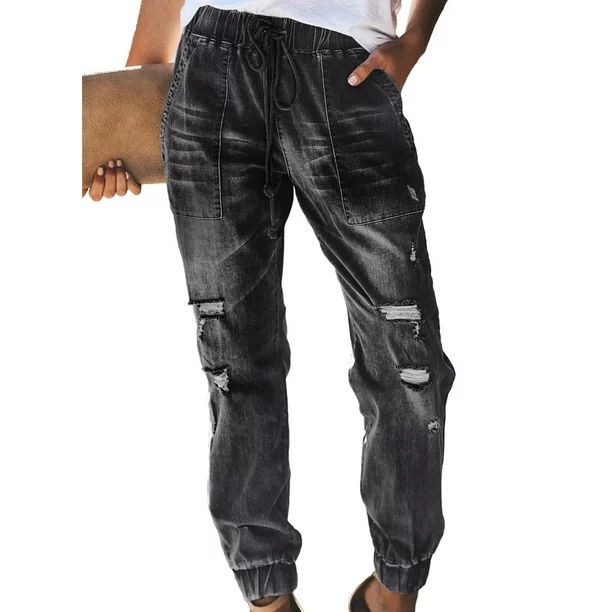 Aleumdr Pull On Jeans for Women Distressed Joggers Jeans Plus Size Drawstring Waist Jeans Black X... | Walmart (US)