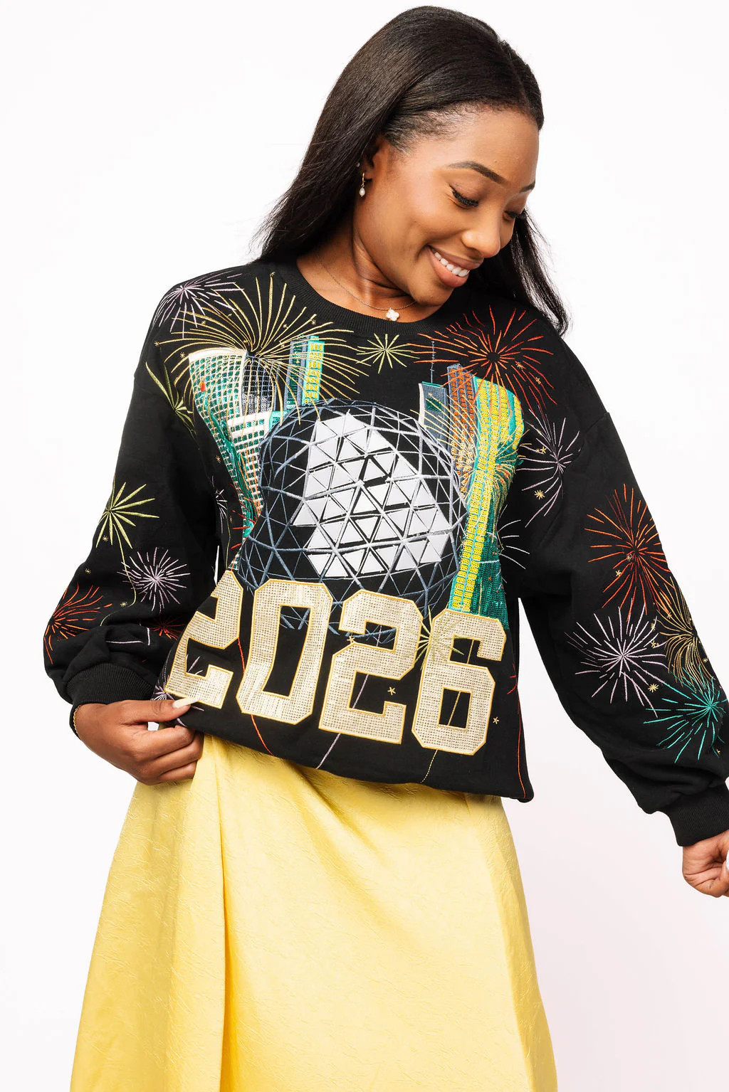 Black 2026 Fireworks In City Sweatshirt | Queen of Sparkles