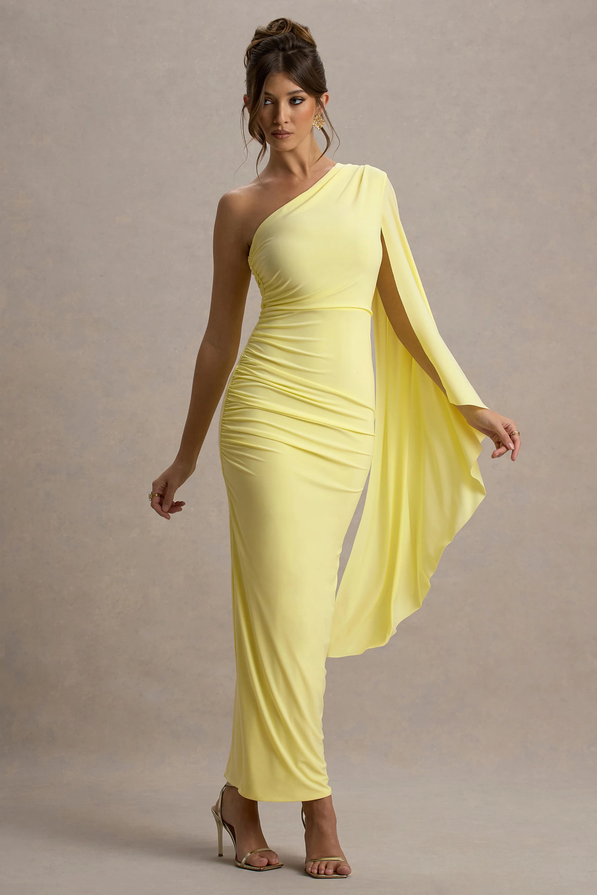 Clementina | Lemon Asymmetric Cape Sleeve Maxi Dress | Club L London