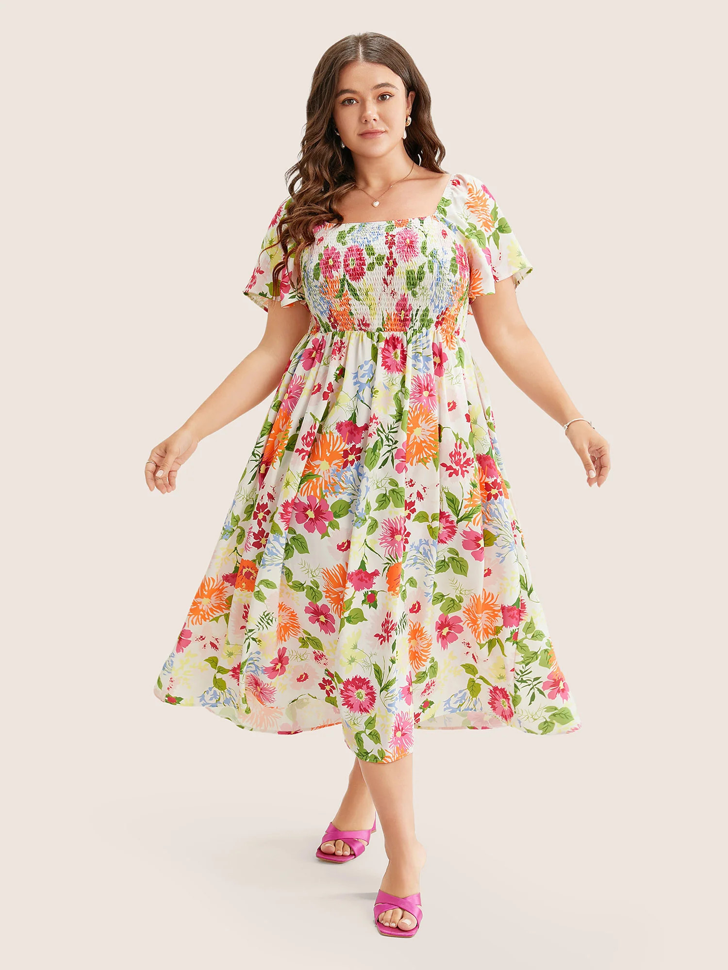 Floral Backless Shirred Square Neck Pocket Ruffle Hem Dress | Bloomchic