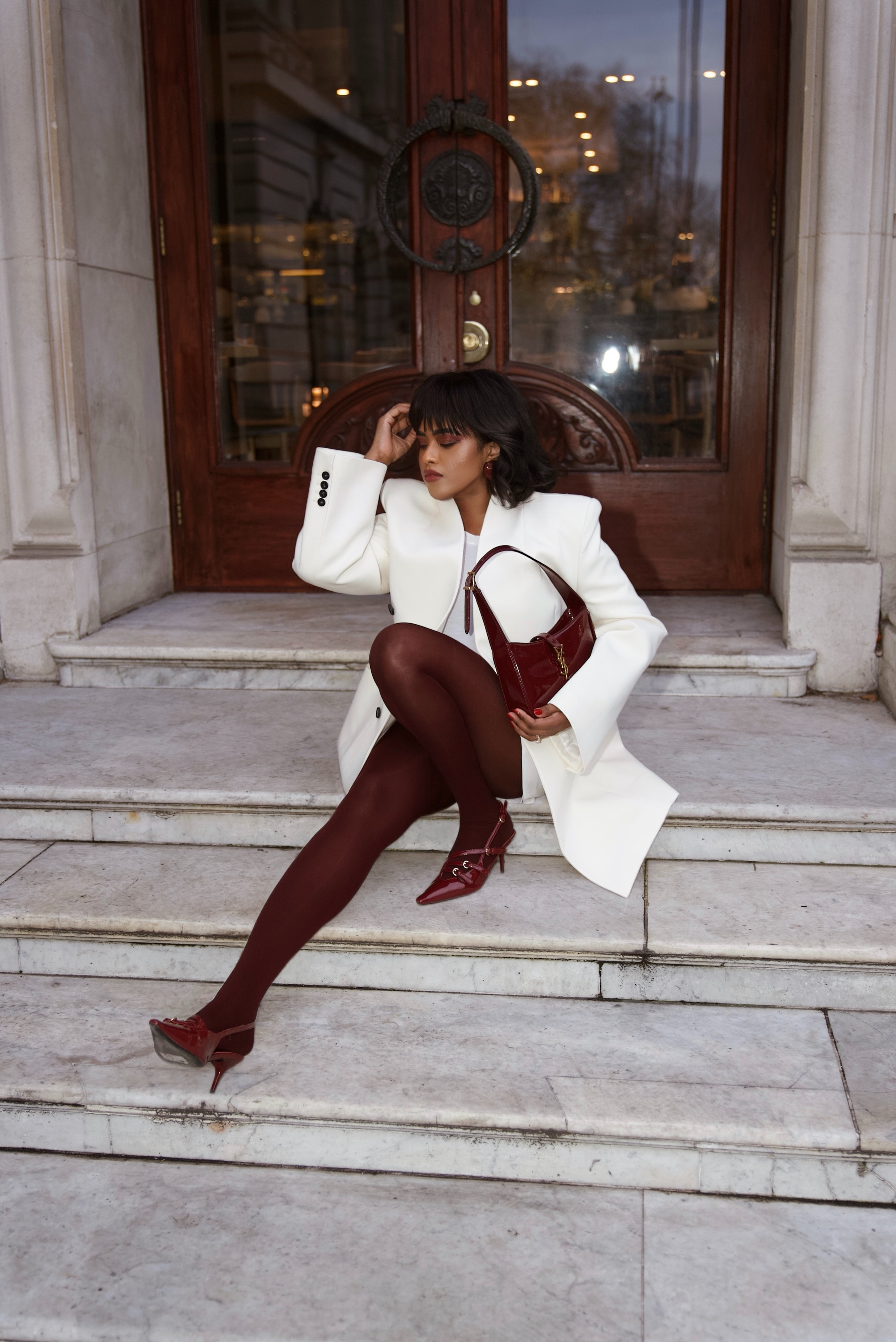 Cream blazer, cream coat, burgundy tights, YSL bag, burgundy bag, burgundy heels, cream outfit, winter outfit, spring outfit, London style, tights, workwear 

#LTKFashionMonth #LTKuk #LTKworkwear