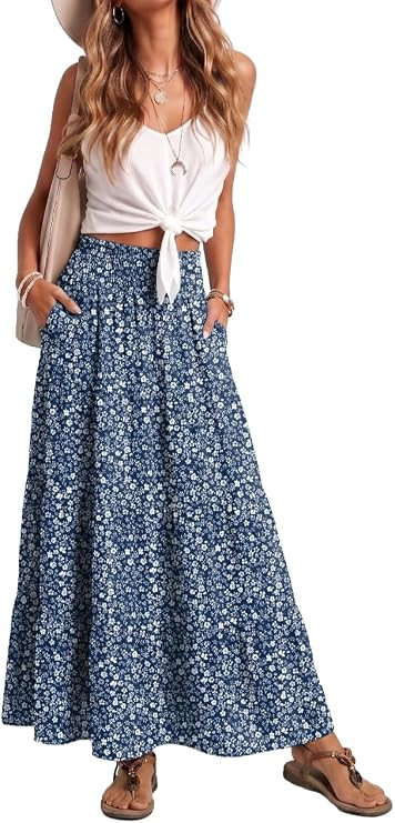 Womens Elastic High Waist Maxi Skirt Summer Flowy Long Skirts | Amazon (US)