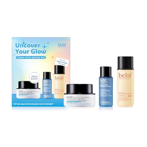 belif Uncover Your Glow Set​, Aqua Bomb Daily Face Moisturizer, Niacinamide Vitamin C Golden Glow Serum, Aqua Bomb Hydrating Toner - Hyaluronic Acid, For All Skin Types, Korean Skin Care | Amazon (US)