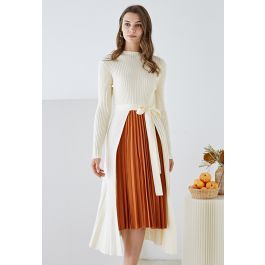 Front Pleats Splicing Belted Hi-Lo Knit Dress in Cream | Chicwish