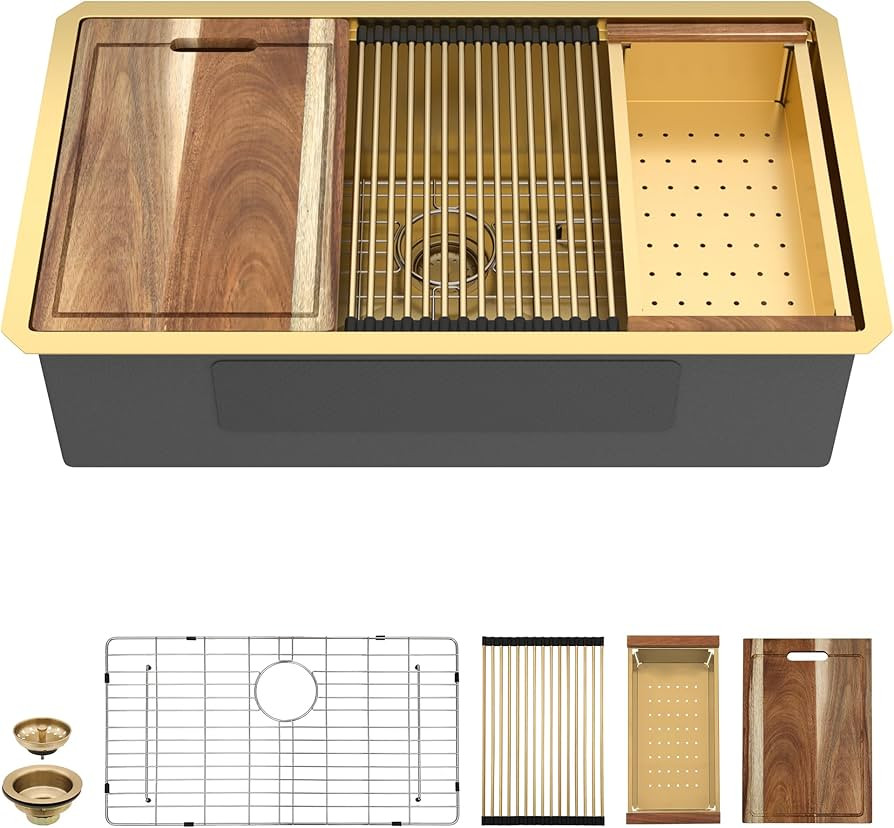 36 Undermount Kitchen Sink Gold - Fulorni 36"x19" Kitchen Sink Brushed Gold NANO-PVD Ledge Workst... | Amazon (US)