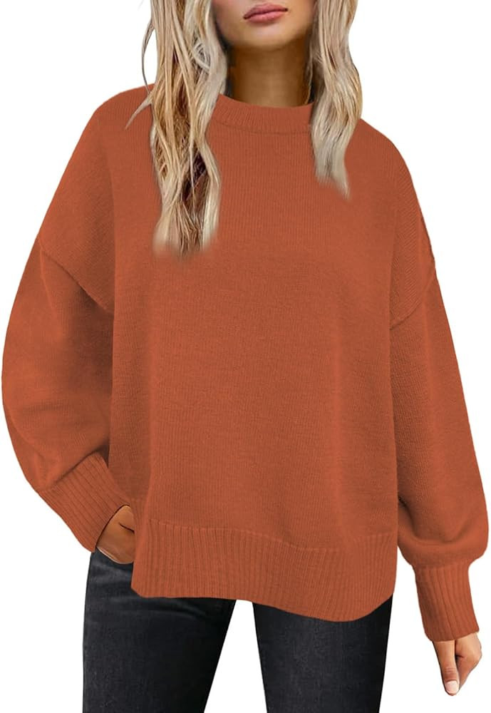Womens Sweaters Crewneck Long Sleeve Pullover Tops Loose Fit Soft Knit Ribbed Hem Side Slit Casua... | Amazon (US)