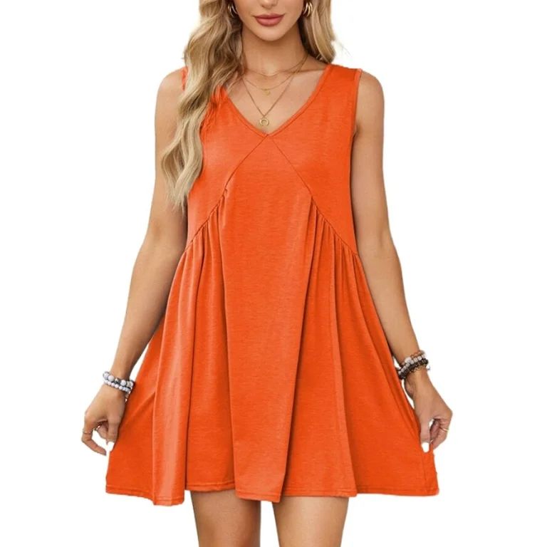 Womens Mini Sundress With Pockets A-line Cover Ups Summer Cotton Dress Pleated Sleeveless Casual ... | Walmart (US)