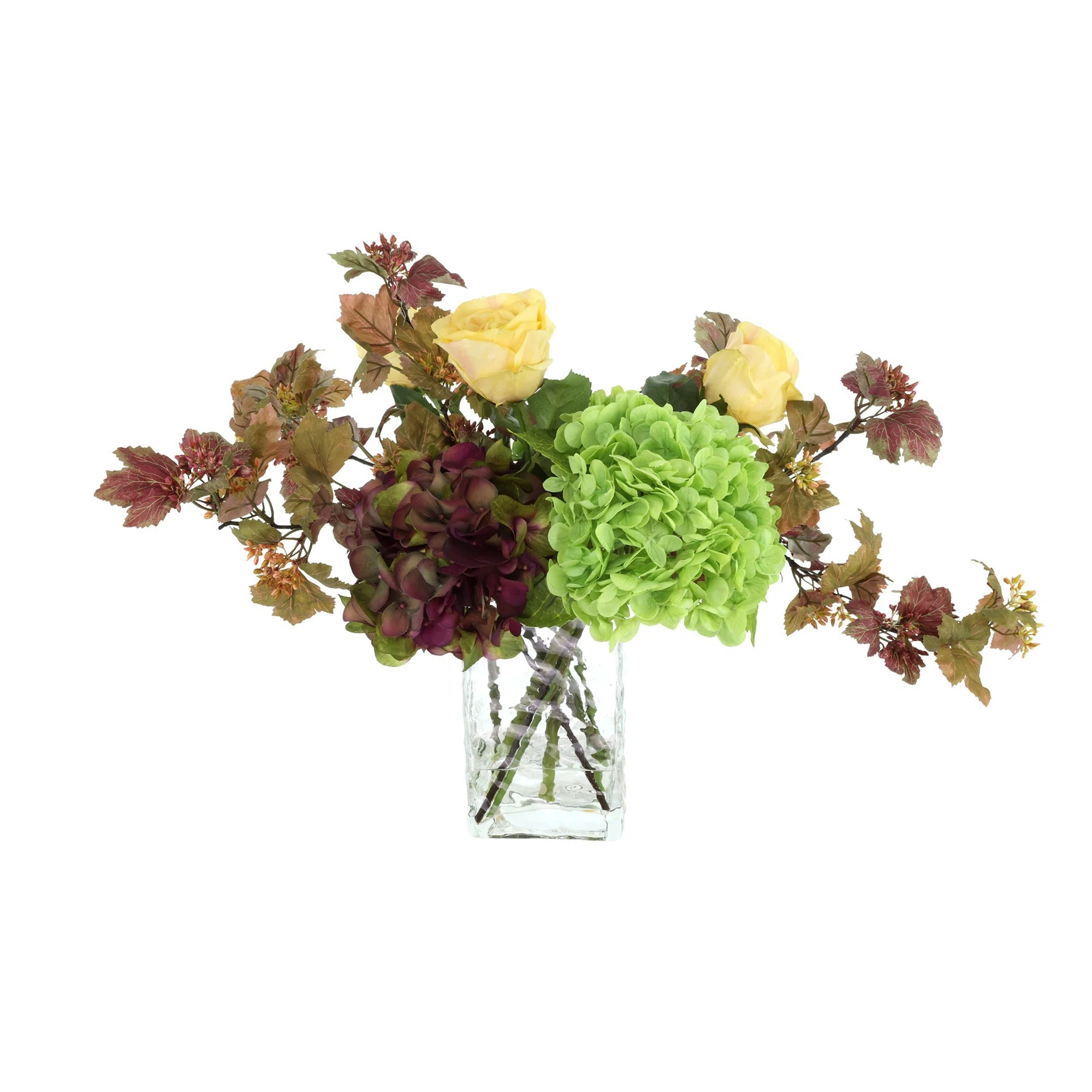 Hydrangea and Rose Fall Arrangement in Glass Ripple Vase | Wayfair North America