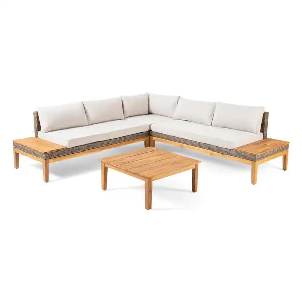 Loft Outdoor 5-pc. Cushioned Acacia/Wicker Sectional Sofa Set - Teak Finish +  Light Khaki Cushio... | Bed Bath & Beyond