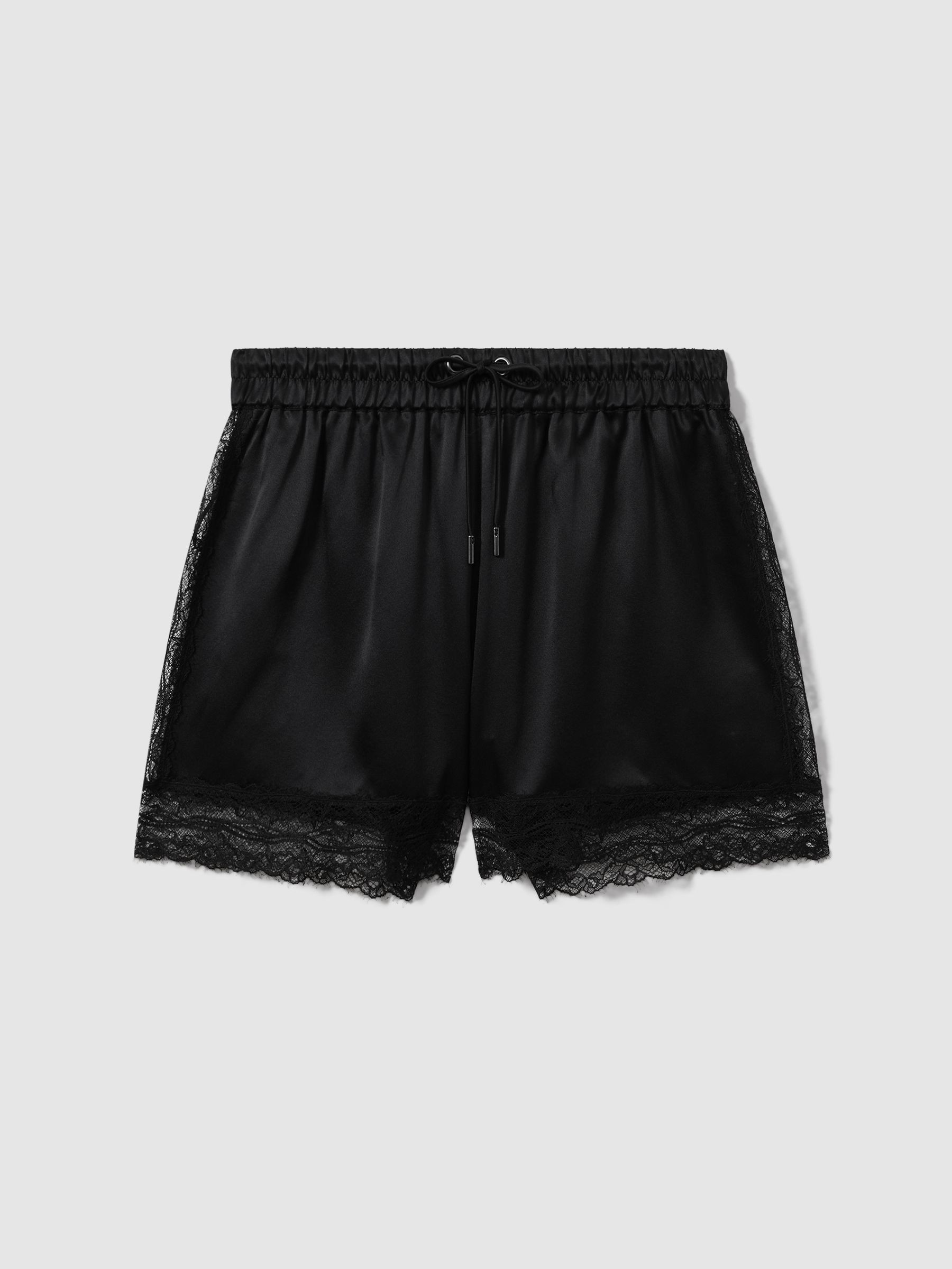 Atelier Silk Lace Trim Shorts in Black | Reiss UK