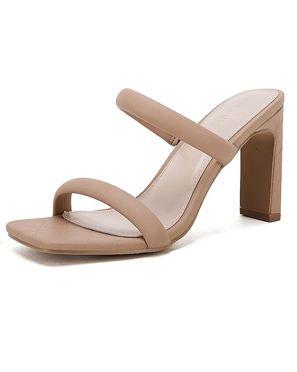 Coutgo Womens Square Open Toe Heeled Sandals Two Strap High Heel Backless Dress Slip On Mules | Amazon (US)