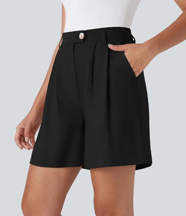 High Waisted Zipper Pocket Work Linen-Feel Shorts | HALARA