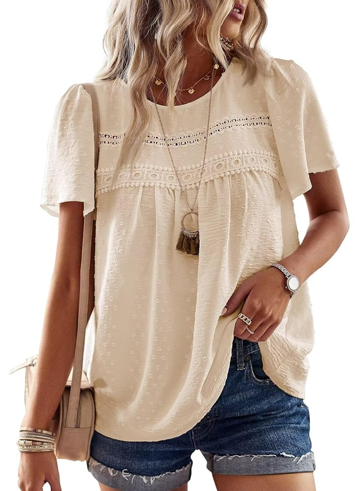 Womens Summer Tops Crewneck Short Sleeve Shirts Casual Chiffon Blouses Flowy Lace Hem Boho Clothi... | Amazon (US)