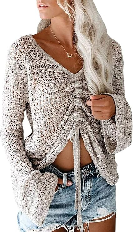 Saodimallsu Womens Boho Off Shoulder Sheer Crop Tops Bell Sleeve Flowy Oversized Crochet Ruched P... | Amazon (US)