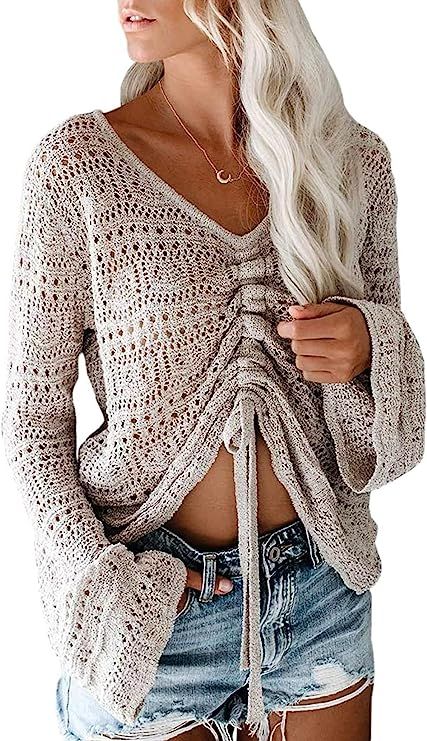 Saodimallsu Womens Boho Off Shoulder Sheer Crop Tops Bell Sleeve Flowy Oversized Crochet Ruched P... | Amazon (US)