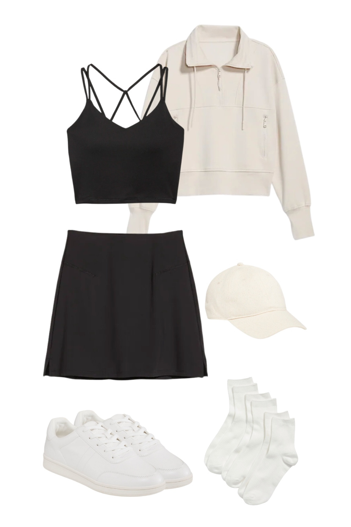 Old navy labor day sale, affordable fashion, airport outfit, back to school outfit, black sports bra, black mini skirt, black tennis skirt, white tennis shoes, neutral baseball cap, fall transition outfit, city outfit, casual clothes, clean girl aesthetic, minimal neutral look, comfy clothes, lazy day outfit, workout outfit, cropped zip up sweater, matching set

#LTKunder100 #LTKsalealert #LTKunder50
