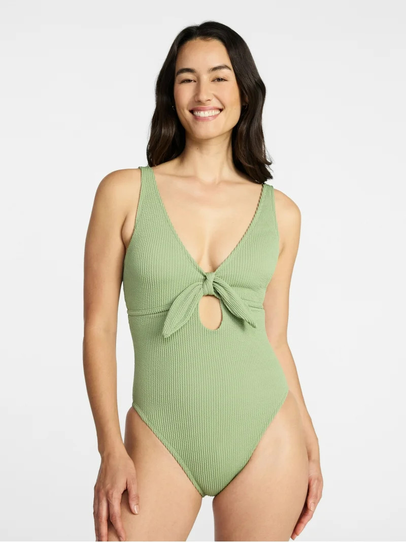 Time and Tru Women's and Women's Plus Size Crinkle Plunge Tie Front One Piece Swimsuit, Sizes XS-... | Walmart (US)