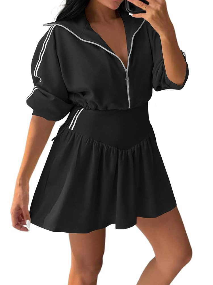 Fisoew Womens 2 Piece Outfits Skirts Sets Quarter Zip Cropped Sweatshirts Casual Mini Skorts Work... | Amazon (US)