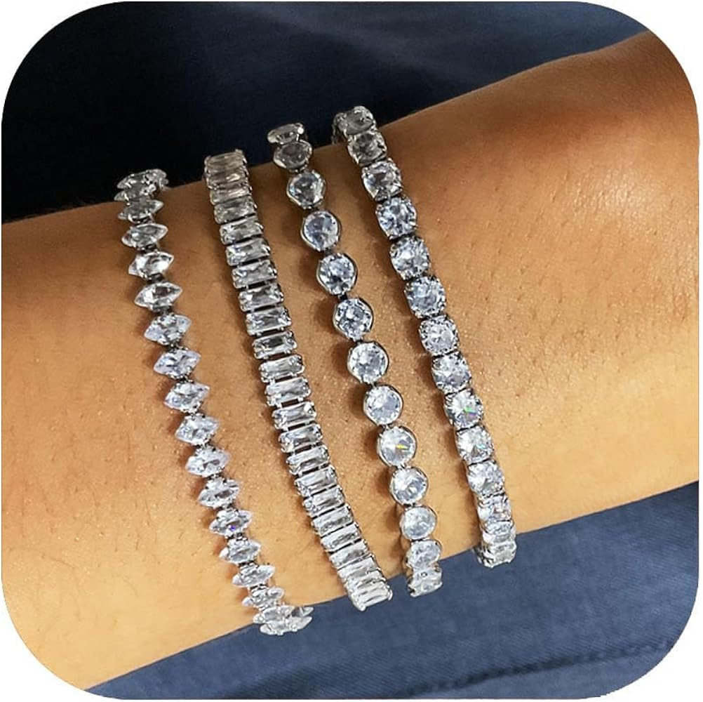 4pcs Silver Tennis Bracelets for Women Cubic Zirconia Bracelet Prom Bracelet Silver Gold Wedding ... | Amazon (US)