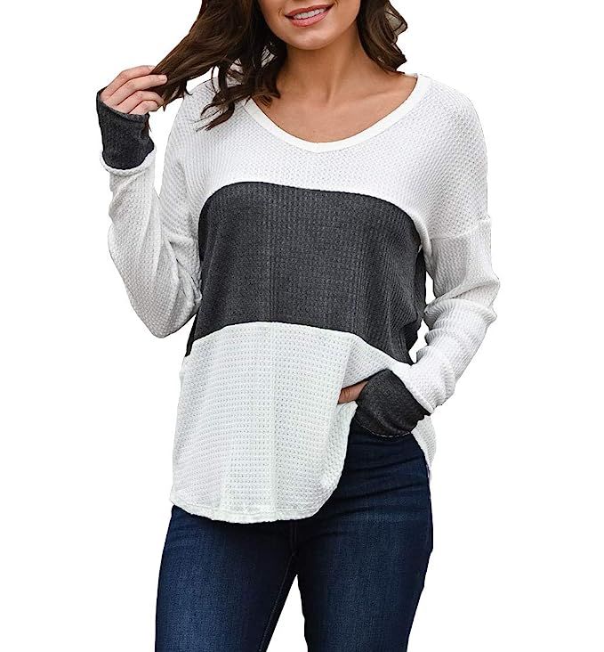 KEEDONE Womens Waffle Knit Tunic Blouse Long Sleeve Casual Loose T-Shirts with Thumb Holes | Amazon (US)