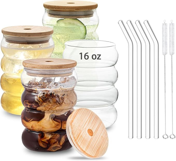 INSETLAN Creative Glass Cups With Lids And Straws-16oz Wave Shape Drinking Glasses of 4 Set, Beer... | Amazon (US)