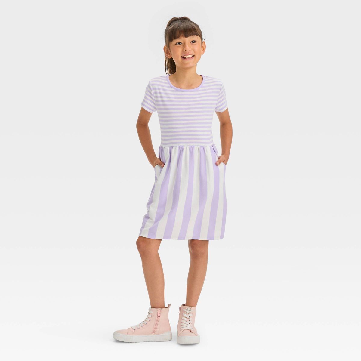 Girls' Short Sleeve Striped Knit Dress - Cat & Jack™ Lavender S | Target