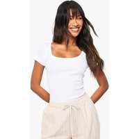Womens Rib Scoop Neck Short Sleeve Top - White - 8, White | Boohoo.com (UK & IE)