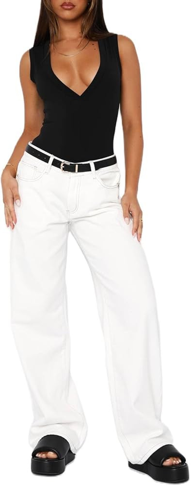 Women Y2k Low Rise Baggy Jeans Vintage Boyfriend Loose Fit Straight Wide Leg Jeans Casual Long De... | Amazon (US)