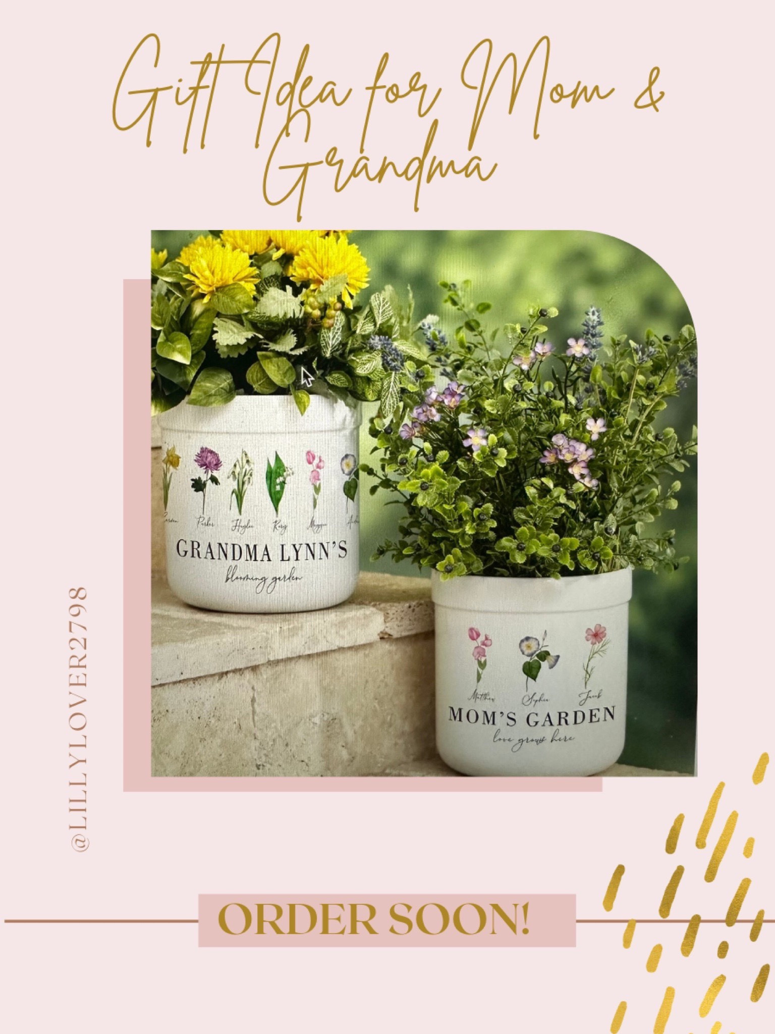 Mother’s Day Gift Idea:

I stumbled upon these and fell in love with this idea. If you have a hard to buy for mom, mother-in-law, Grandma etc this is perfect for them! They will love it! Beautiful pots with their children or grandchildren names and birth month flower. The taller pots are a little bigger and hold a bigger plant or even an orchid. The smaller pot will hold a succulent or smaller plant. Both are custom made so allow extra time. I am ordering these for two special Grandmas in our life. 

#LTKSeasonal #LTKFind #LTKsalealert #LTKbeauty #giftforgrandmother #giftformom #mothersdaygiftideas #mothersdaygifts #LTKGiftGuide #LTKfamily

Gift for her, gift for mom, gift for Grandma, Grandparents Day, Mother’s Day, birth flower gift, plant pot, planter, gift for a friend, 