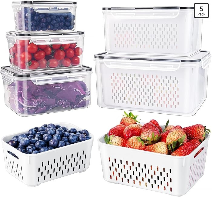 5 PCS Large Fruit Containers for Fridge - Leakproof Food Storage Containers with Removable Coland... | Amazon (US)