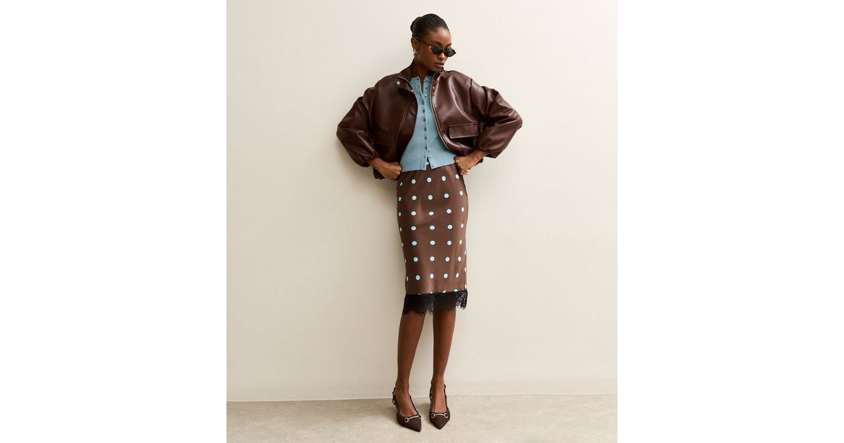 Brown Satin Polka Dot Lace Hem Midi Skirt | New Look | New Look (UK)