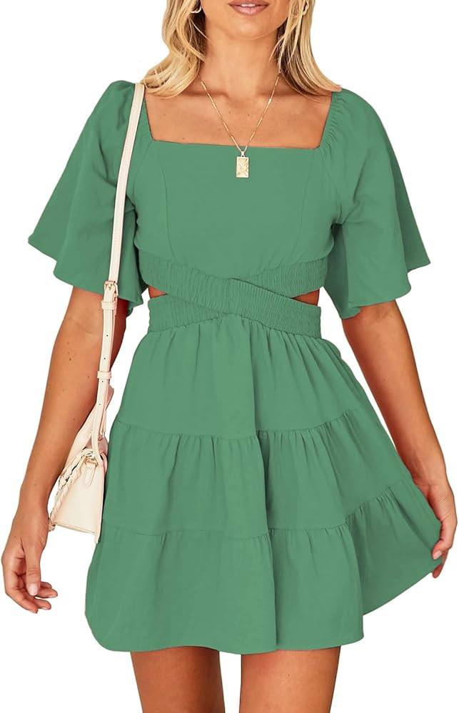 Shy Velvet Women's Summer Dress Square Neck Short Sleeves Crossover Waist Casual Party Mini Dress | Amazon (US)