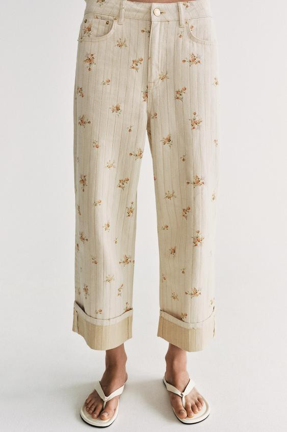 Zara - Zw Collection Mid-Rise Tapered Floral Jeans - Beige - 29 (Us 8) - Woman | Zara US