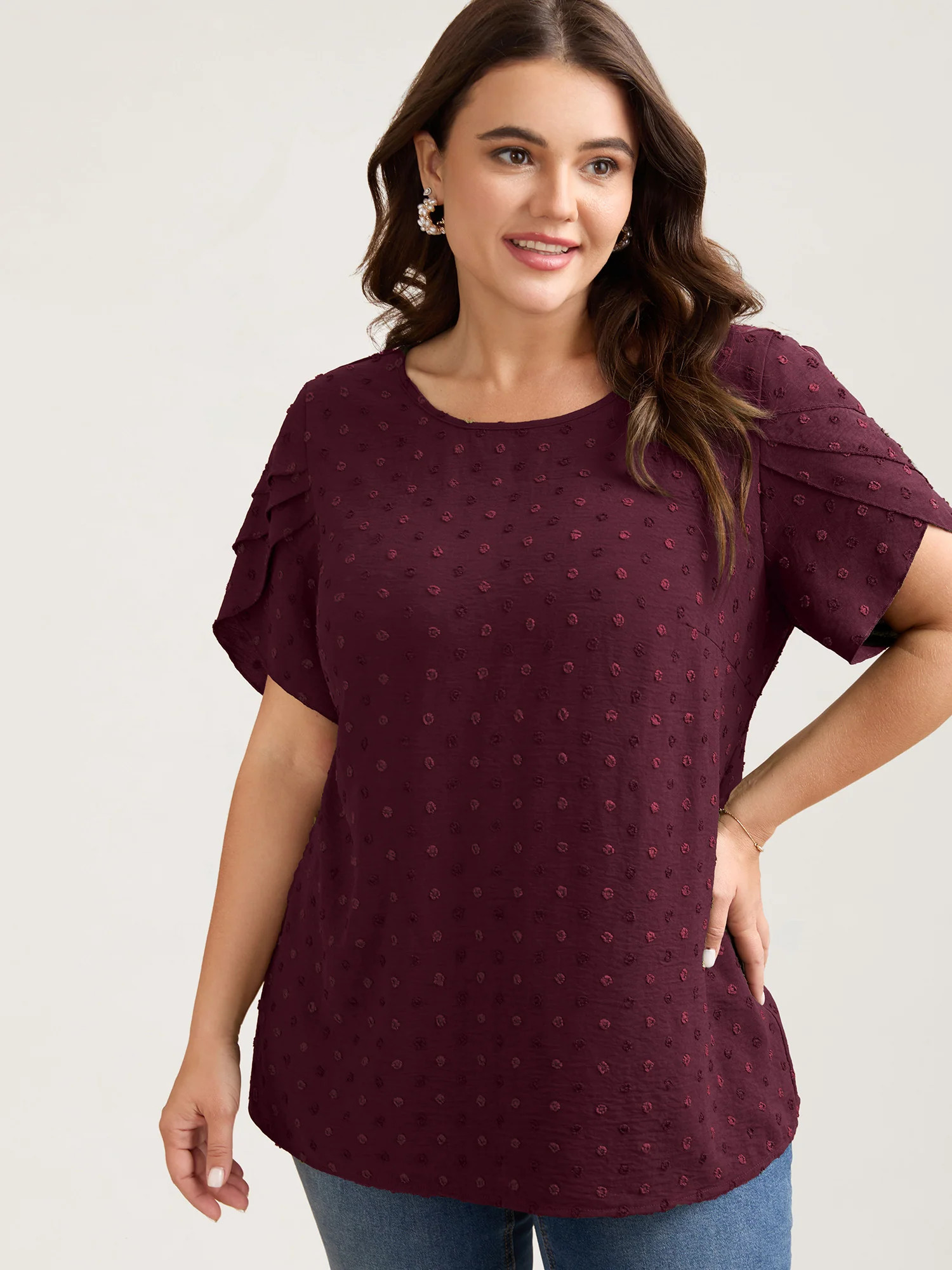 Textured Color Contrast Petal Sleeve Blouse | Bloomchic