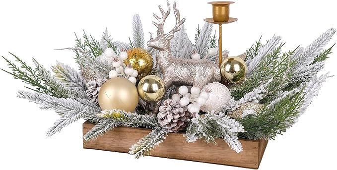 Christmas Decor Table Centerpiece, Faux Flocked Pine Branch Ornament Deer Candle Holder in Wood B... | Amazon (US)