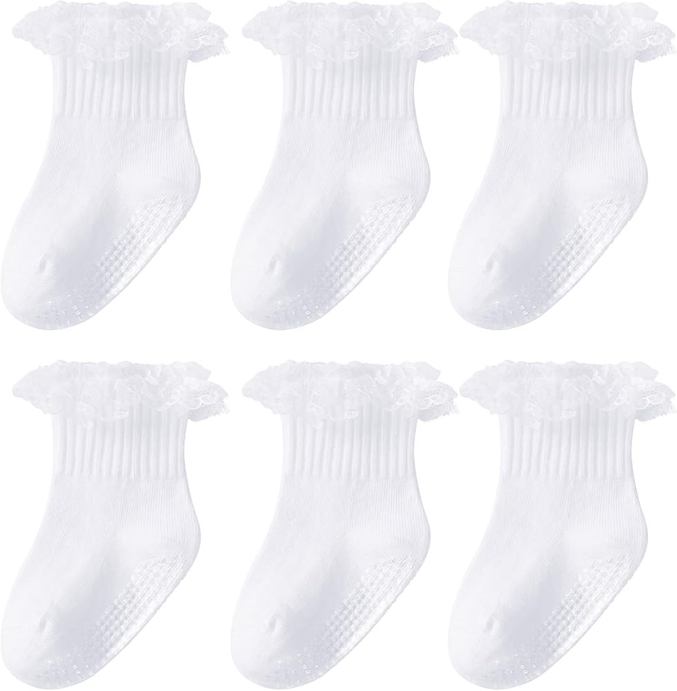 Witwot 6 Pairs Toddler Ruffle Socks Baby Girl Non Slip White Sock with Grip | Amazon (US)
