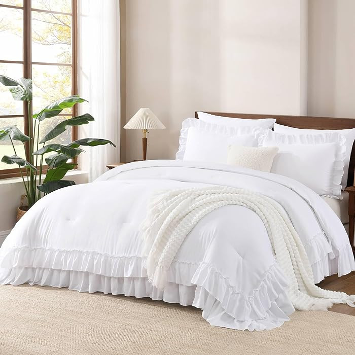 Andency White Twin Size Comforter Set(66x90Inch), 2 Pieces(1 Ruffle Comforter and 1 Pillowcase) L... | Amazon (US)