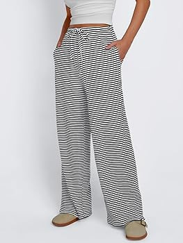 Trendy Queen Womens Striped Ribbed Wide Leg Pants Casual Drawstring Elastic Waist Baggy Sweatpant... | Amazon (US)
