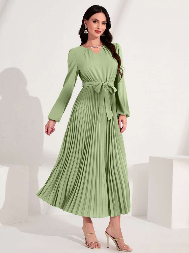 Lantern Sleeve Belted Pleated Hem Dress | SHEIN