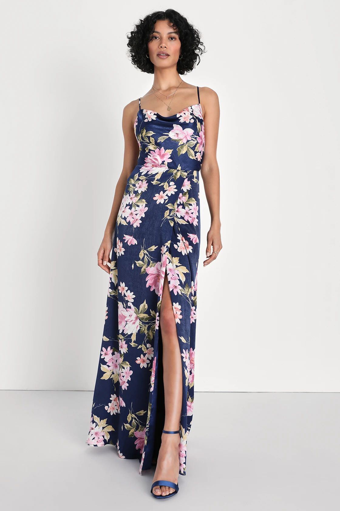 Love of Romance Navy Floral Print Satin Cowl Neck Maxi Dress | Lulus (US)