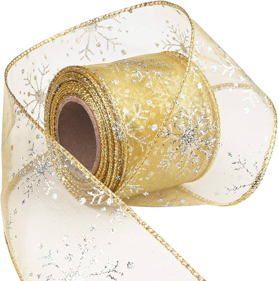 Livder 2.5 Inch Wide Christmas Wired Ribbon Snowflake Organza Sheer Glitter Ribbon for Xmas Tree,... | Amazon (US)