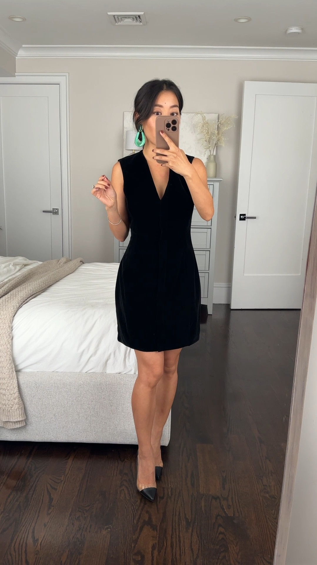 Tuckernuck Black Friday Sale - 20% off with code MERRY. 

• Tuckernuck zip front black velvet Cora dress 0. 

0 is 13” across waist, 32” length. This size fits TTS and very petite friendly. This is a high quality, tailored velvet dress in a thicker stretchy material with structure. Has a long hidden zipper down the front center and a little stretch for comfort. The structured fabric helps hold the fit and flare shape, and also allows you to zip down the neckline and play with the neckline shape a little for versatility! 

• old Tony Bianco pumps, linked similar 

• tuckernuck earrings. Beautiful green color and not too heavy given the size 

• J. Crew leopard slignback heels , very comfy 

Work party / holiday outfit / Christmas photo dress, Black Friday sale 

#LTKParties #LTKHoliday #LTKCyberWeek