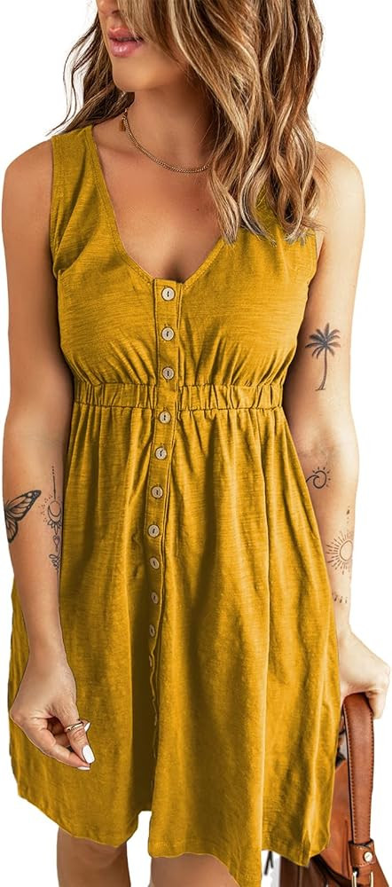 BLENCOT Women's Casual Sleeveless T-Shirt Dresses Summer V Neck Button Down Swing Short Dress | Amazon (CA)